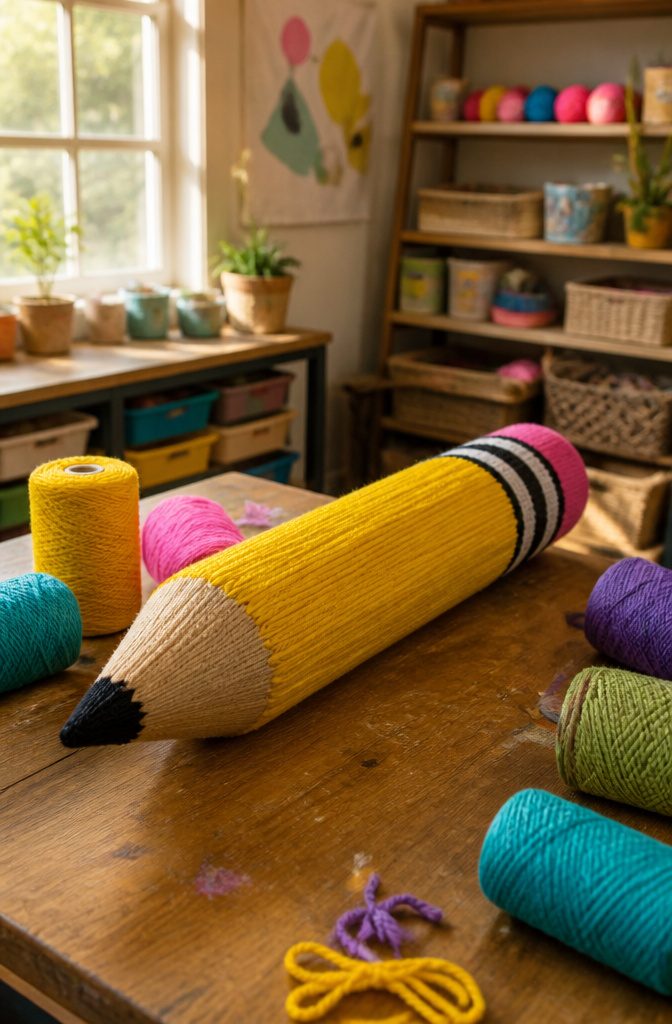25 Preschool Crafts for Kids: Easy Back to School Ideas 1 A bright yellow yarn-wrapped cardboard pencil with a pink eraser.