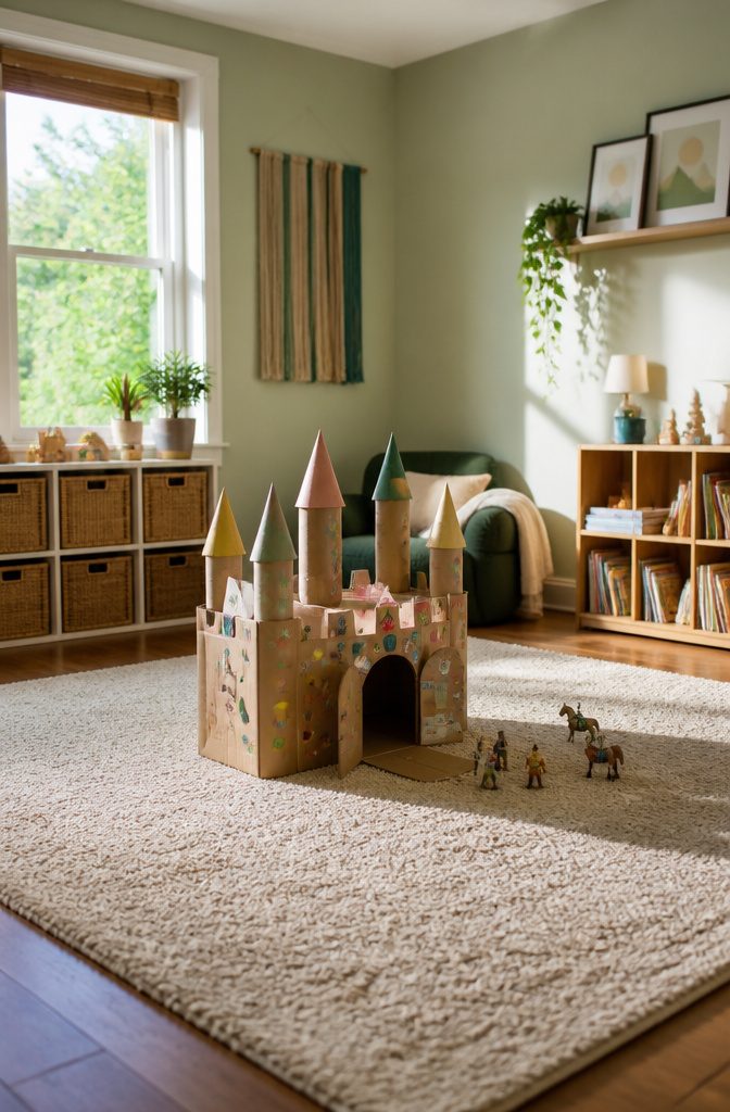A cardboard castle made from boxes and paper towel rolls on a table.