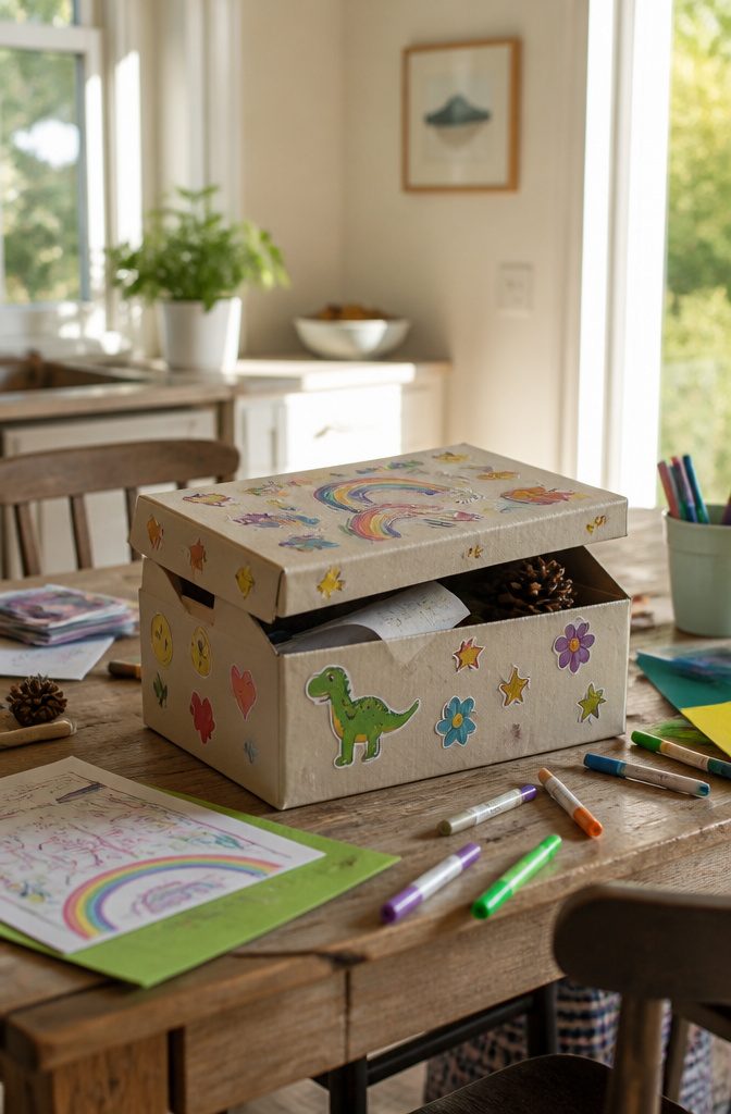 A decorated shoebox time capsule with colorful drawings and items inside.