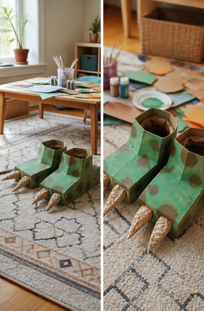 Empty tissue boxes painted green with paper claws attached as dinosaur feet.