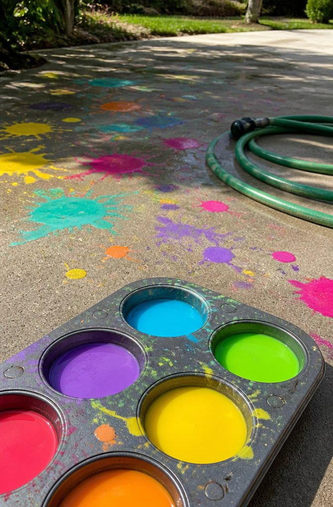 A muffin tin filled with various colors of cornstarch sidewalk paint.