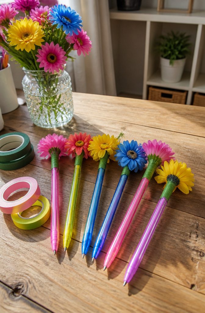 A variety of flower pens made from ballpoint pens and plastic flowers.
