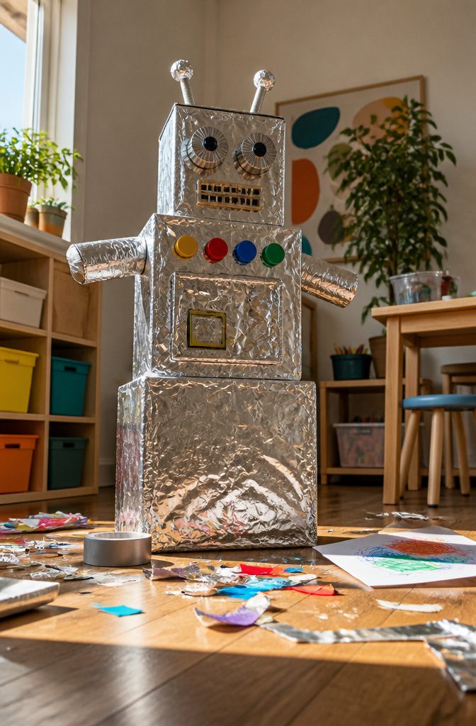 A robot crafted from stacked shoeboxes and toilet paper rolls.