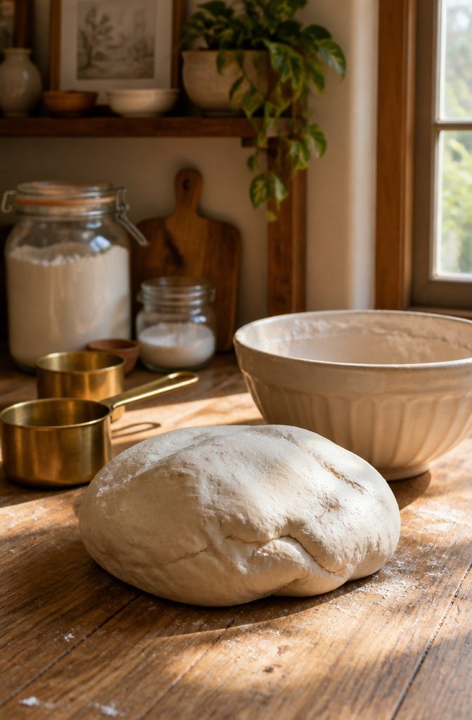 A lump of homemade clay on a textured wooden surface with measuring cups.