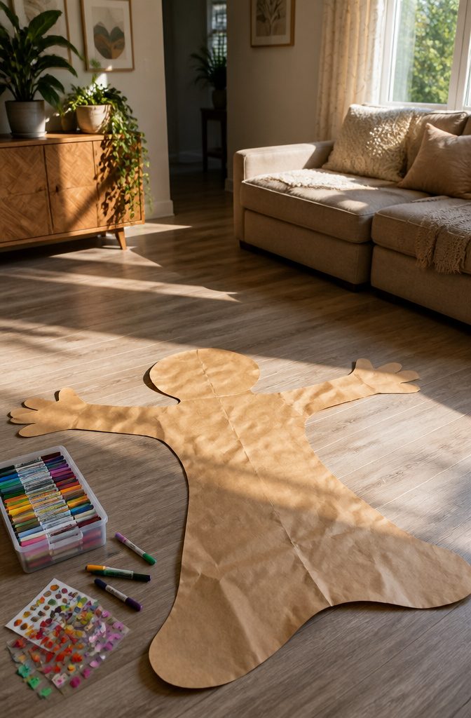 A large hug cutout from butcher paper with markers and stickers nearby.