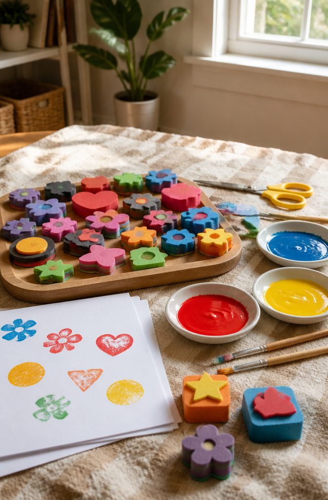 An array of foam stamps and paint trays ready for block printing.
