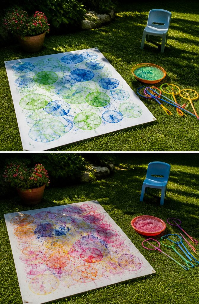 A surface splattered with bubble paint made from soap and non-toxic paint.