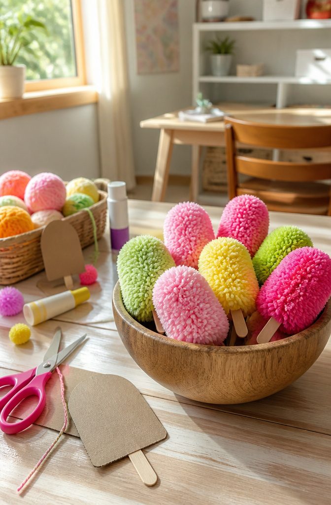 A bowl filled with colorful yarn pompoms resembling ice pops on a table.
