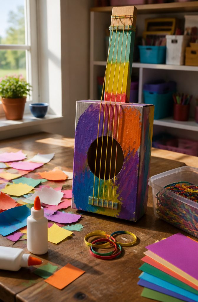 A tissue box guitar with rubber bands stretched across the opening.