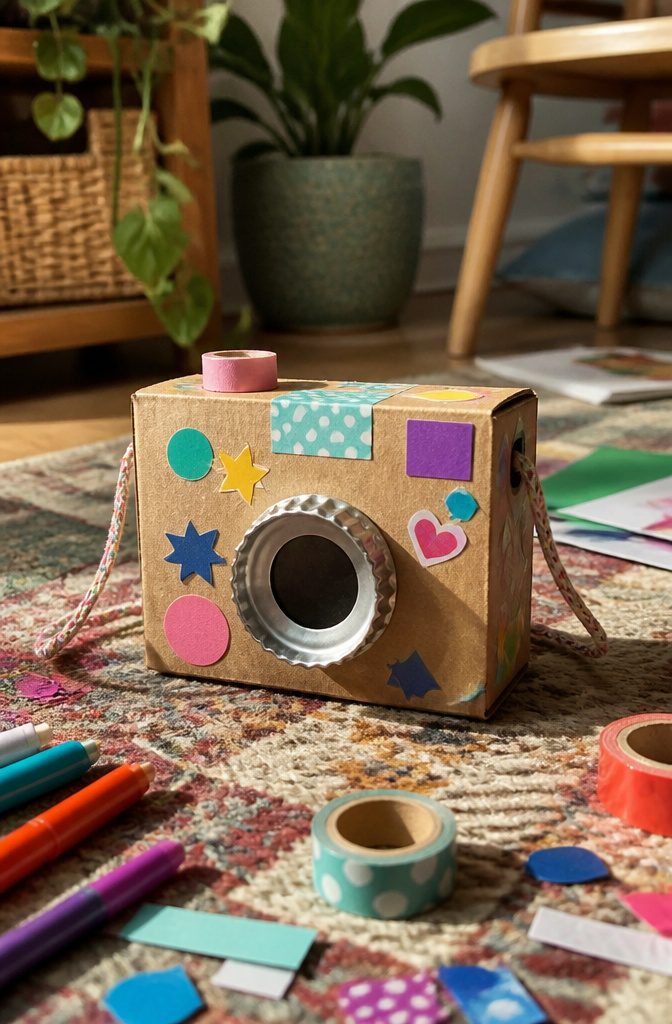 A small box camera made from cardboard with a plastic lid as a lens.