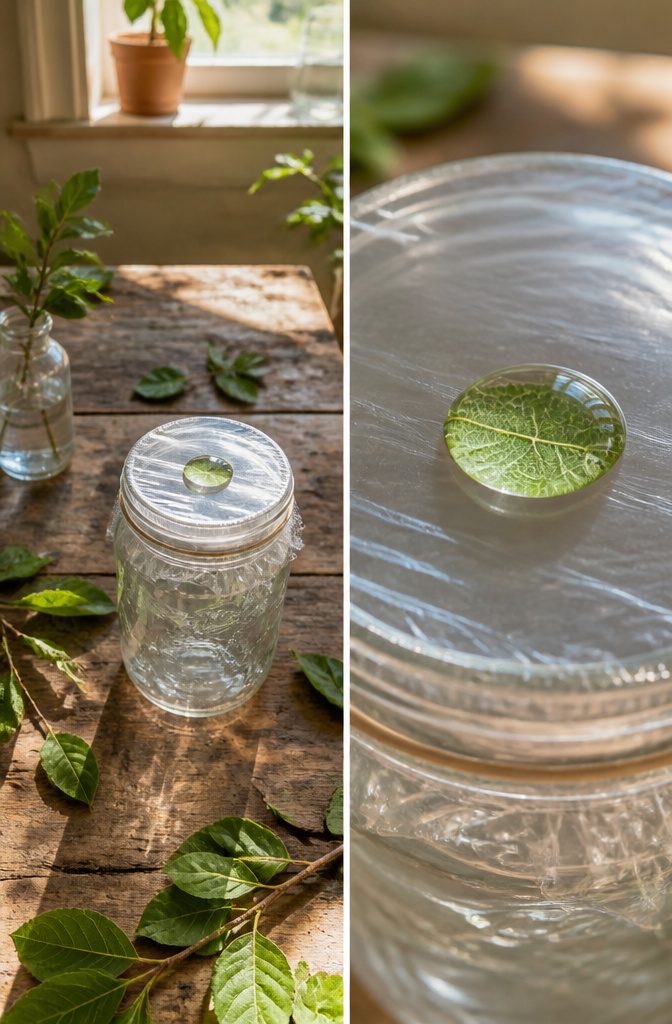 Clear plastic wrap stretched over a jar with a drop of water on top.