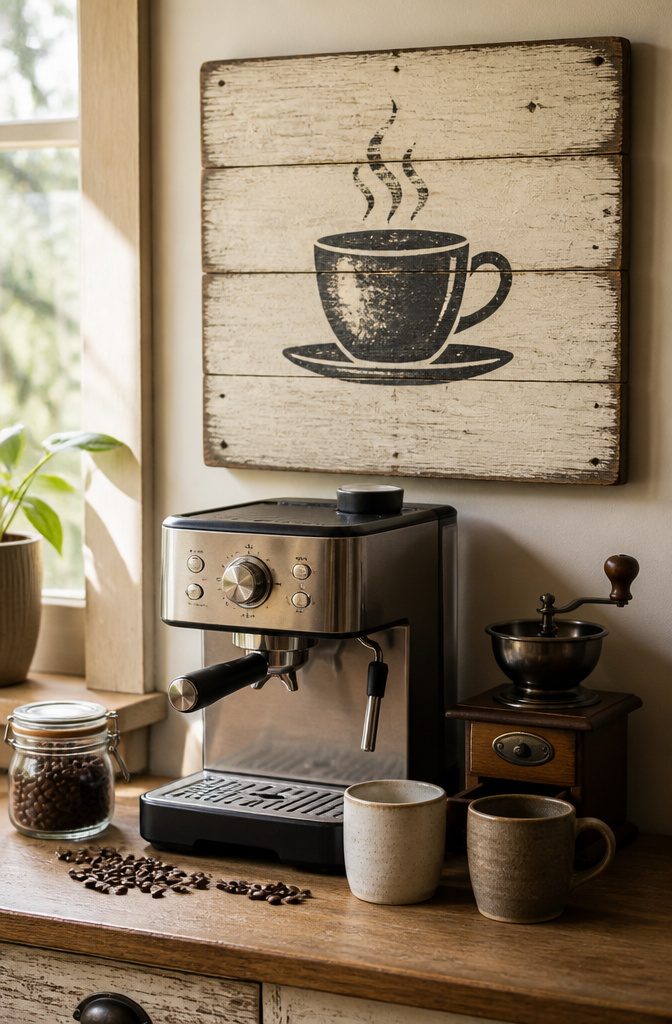 20 DIY Room Decor Crafts Ideas for a Budget-Friendly Refresh 1 A coffee bar sign with stenciled letters on wood.