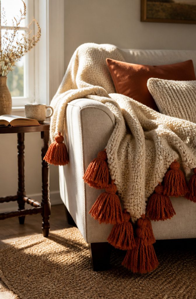 20 DIY Room Decor Crafts Ideas for a Budget-Friendly Refresh 2 A colorful tassel throw blanket on an armchair.
