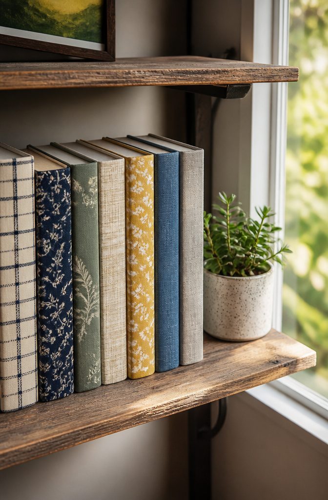 20 DIY Room Decor Crafts Ideas for a Budget-Friendly Refresh 5 A collection of fabric-covered books on a shelf.