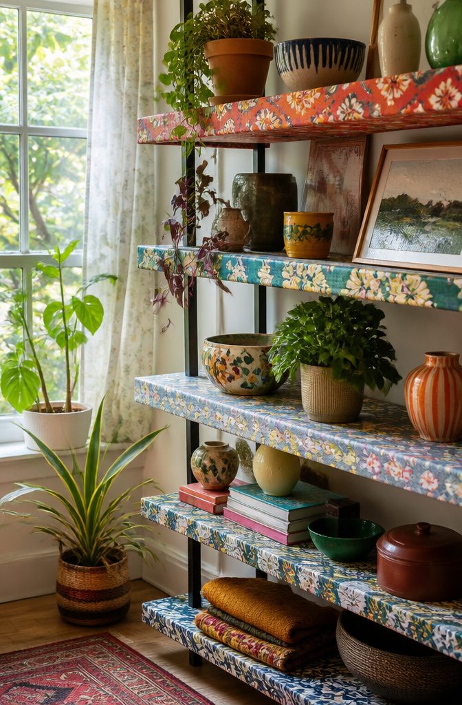 20 DIY Room Decor Crafts Ideas for a Budget-Friendly Refresh 19 Colorful fabric decoupage on shelves holding various objects.