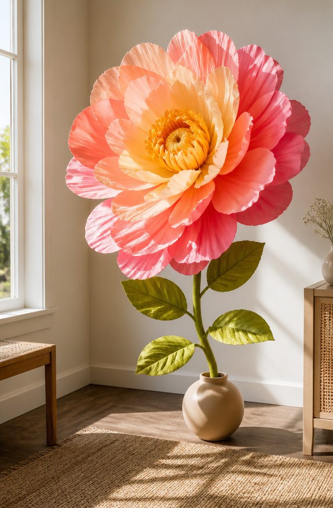 20 DIY Room Decor Crafts Ideas for a Budget-Friendly Refresh 16 Large crepe paper flowers displayed on a wall.