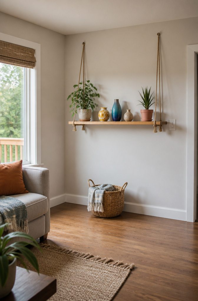 20 DIY Room Decor Crafts Ideas for a Budget-Friendly Refresh 3 A wooden hanging shelf supported by rope on a wall.