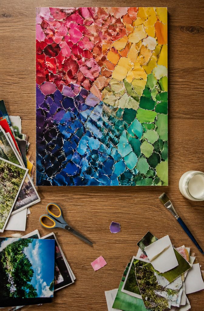 20 DIY Room Decor Crafts Ideas for a Budget-Friendly Refresh 9 A colorful wall collage made from magazine pages.