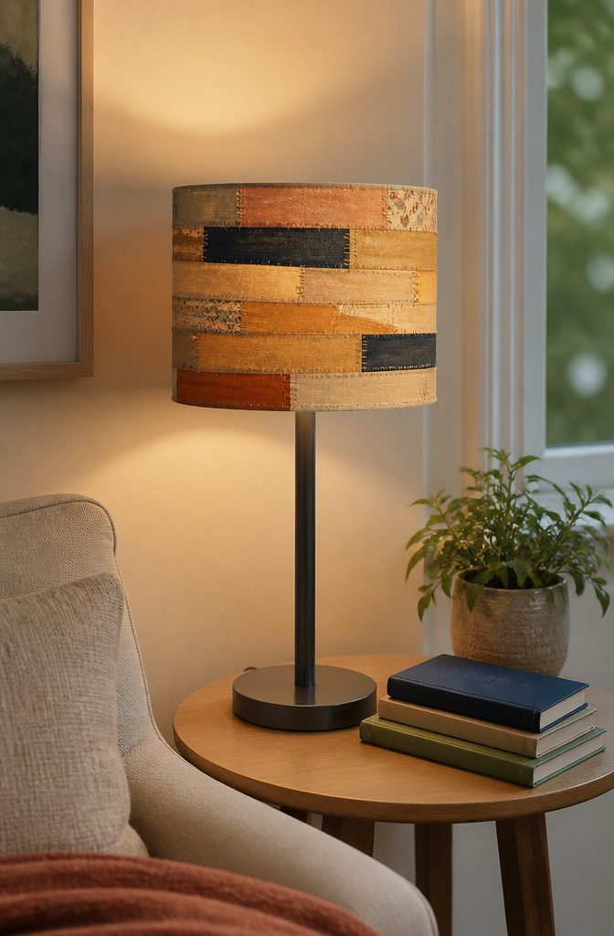 20 DIY Room Decor Crafts Ideas for a Budget-Friendly Refresh 13 A drum lampshade covered in fabric strips on a lamp.