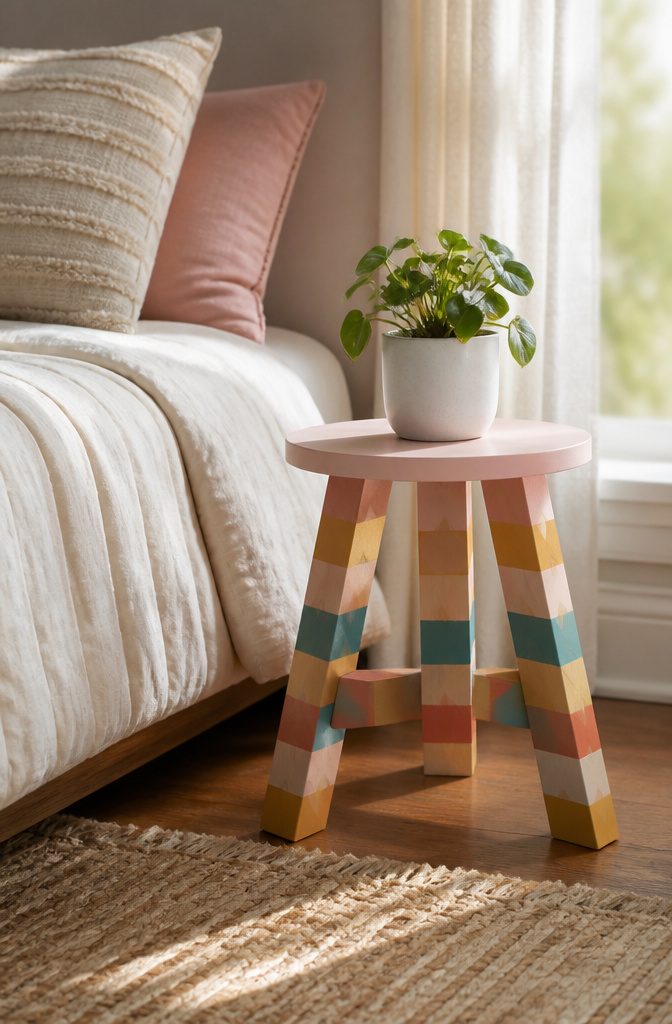 20 DIY Room Decor Crafts Ideas for a Budget-Friendly Refresh 11 A painted wooden stool with decorative stencils.