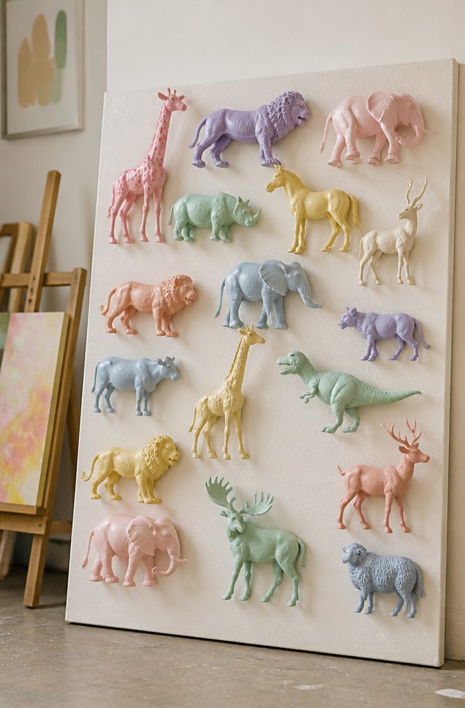 20 DIY Room Decor Crafts Ideas for a Budget-Friendly Refresh 20 A canvas with plastic animal toys attached as art.