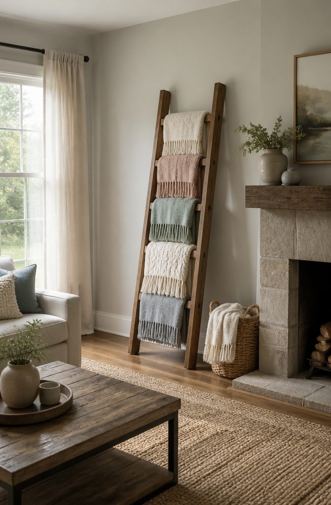 20 DIY Room Decor Crafts Ideas for a Budget-Friendly Refresh 4 A wooden blanket ladder displaying folded blankets.