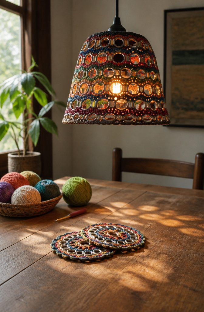 20 Crafts to Do With Soda Tabs: Easy Pop Tab Ideas 13 A lampshade crafted from aluminum soda tabs and yarn.