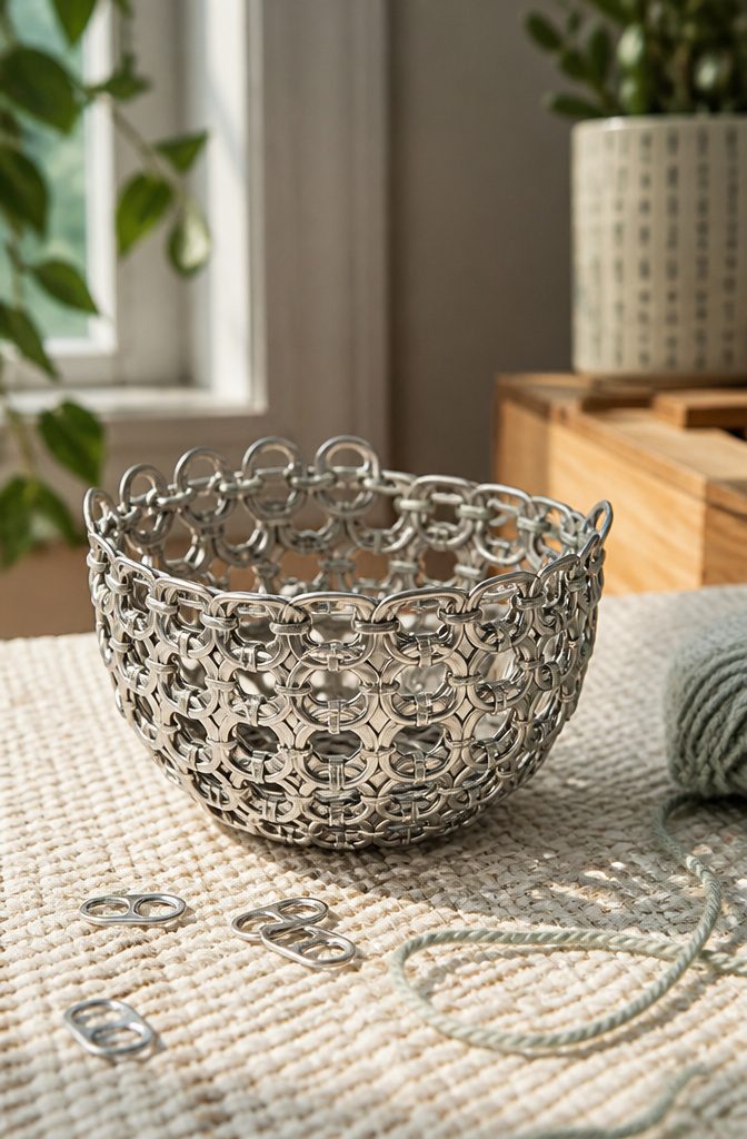 20 Crafts to Do With Soda Tabs: Easy Pop Tab Ideas 19 A small basket crafted from aluminum soda tabs.