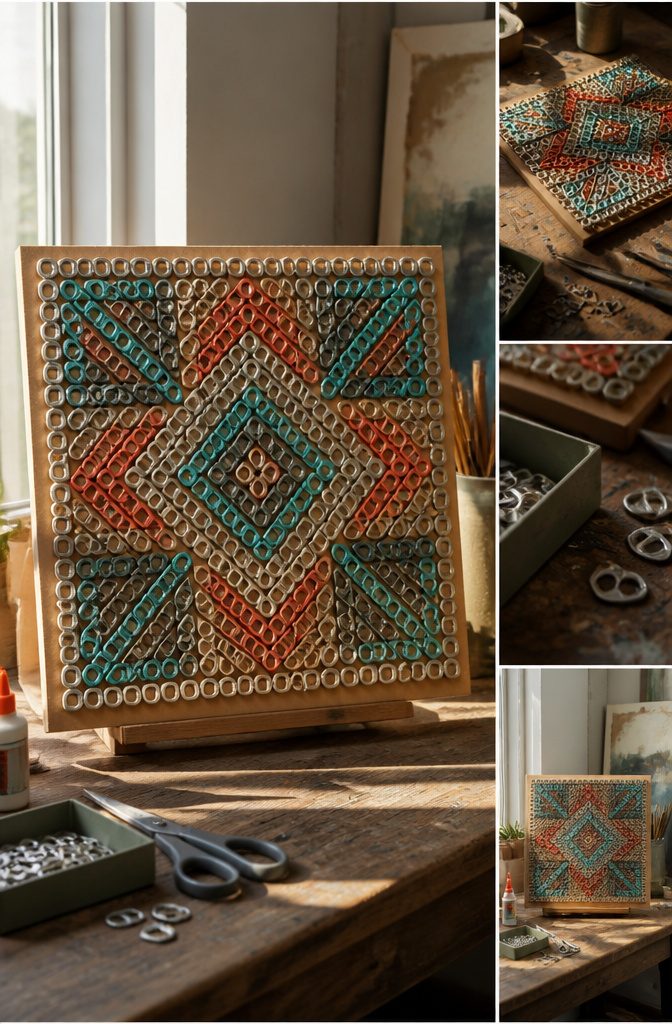 20 Crafts to Do With Soda Tabs: Easy Pop Tab Ideas 10 Wall art made from multiple aluminum soda tabs.
