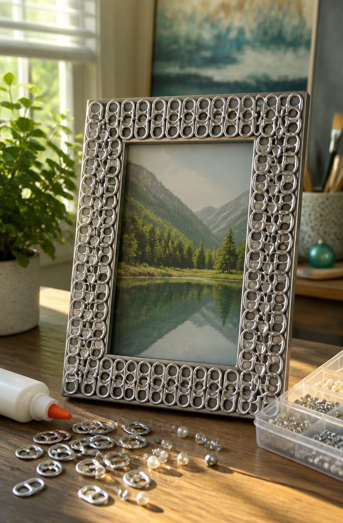 20 Crafts to Do With Soda Tabs: Easy Pop Tab Ideas 15 A picture frame adorned with aluminum soda tabs.