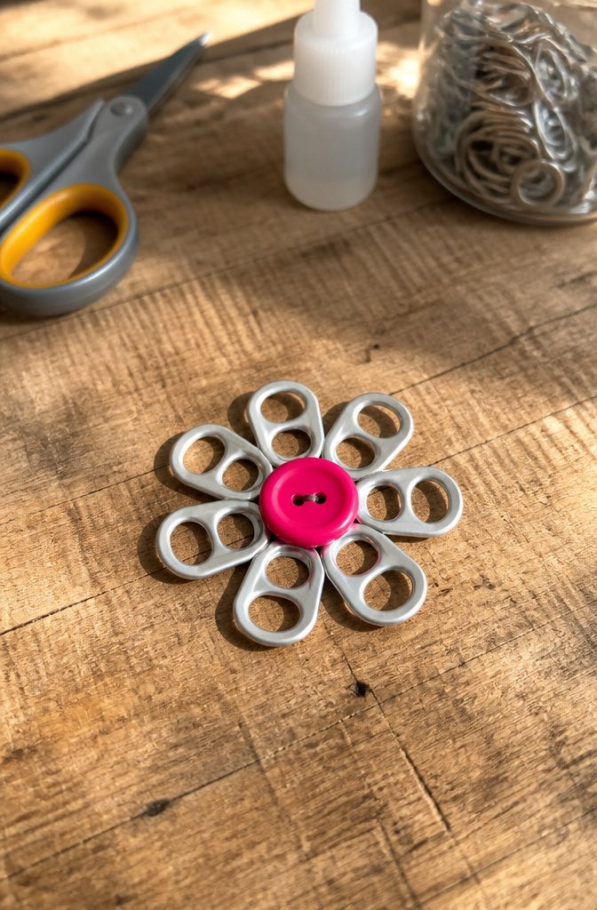 20 Crafts to Do With Soda Tabs: Easy Pop Tab Ideas 7 A flower crafted from pop tabs with a button in the center.