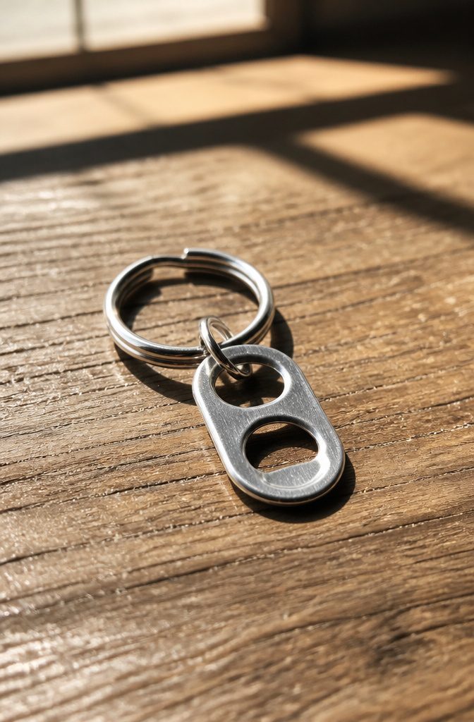 20 Crafts to Do With Soda Tabs: Easy Pop Tab Ideas 2 A keychain featuring an aluminum soda tab and a key ring.