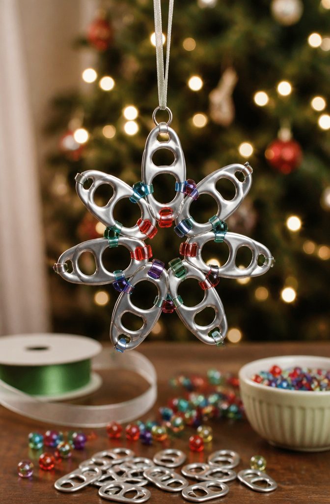 20 Crafts to Do With Soda Tabs: Easy Pop Tab Ideas 6 An ornament created from multiple aluminum soda tabs.