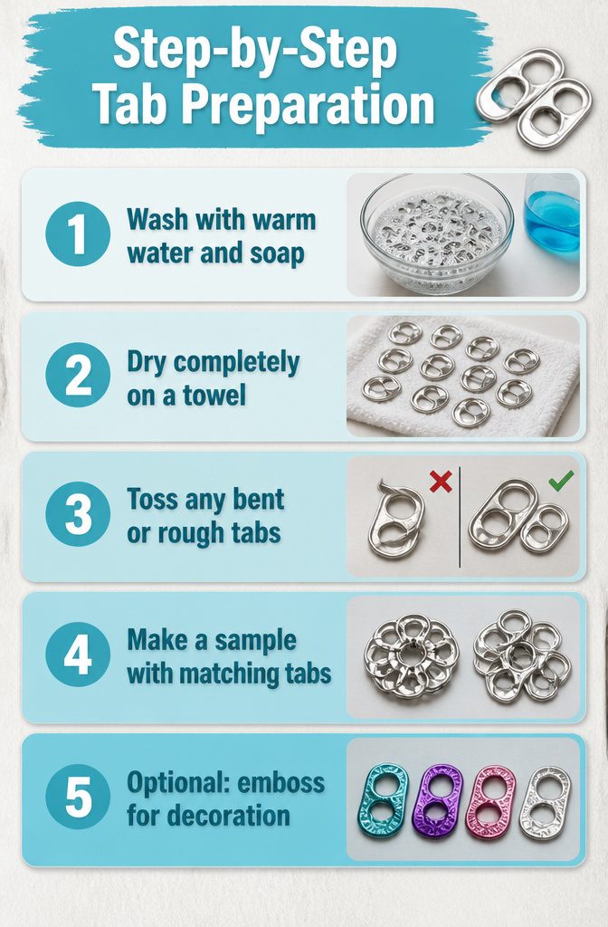 20 Crafts to Do With Soda Tabs: Easy Pop Tab Ideas 21 Preparation process for cleaning and sorting soda tabs.