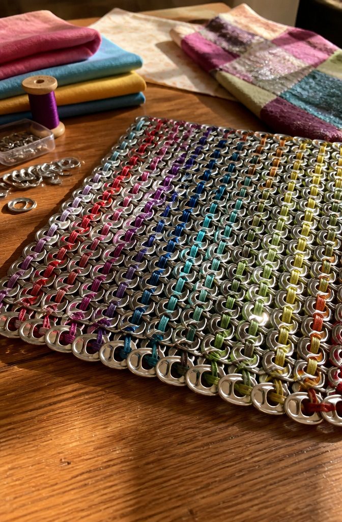 20 Crafts to Do With Soda Tabs: Easy Pop Tab Ideas 12 A purse panel created from linked aluminum soda tabs.