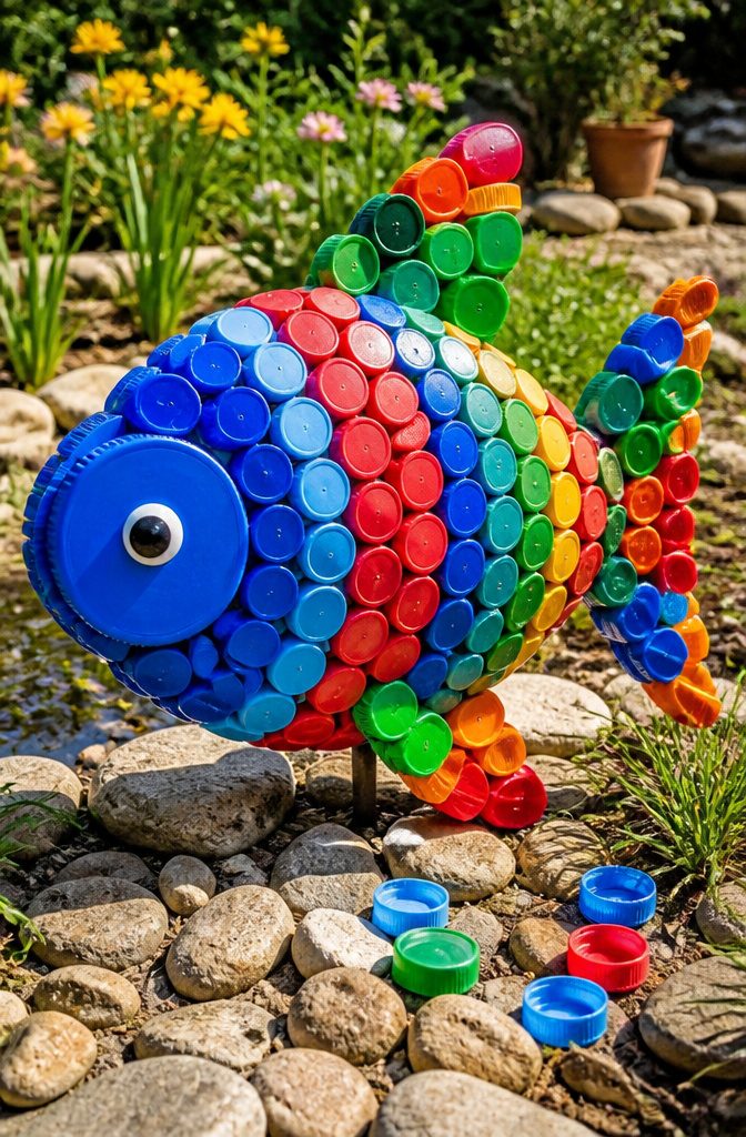 Bottle caps painted as fish, showcasing bright colors and grouped together.