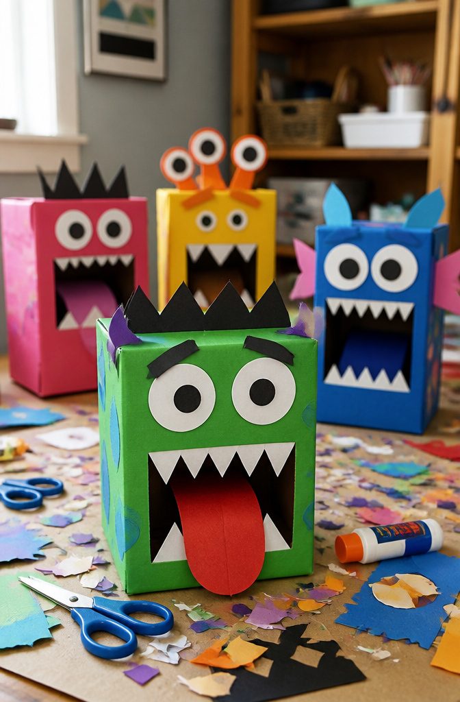 Puppets made from cereal boxes, featuring painted faces and googly eyes.