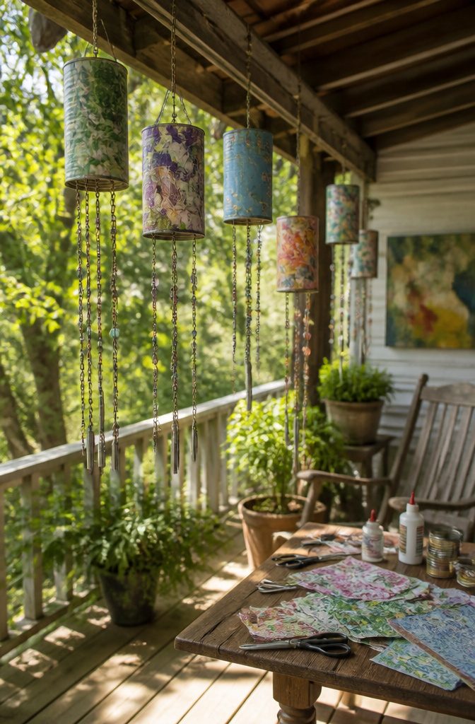 Tin can wind chimes decorated with decoupage patterns suspended from a ceiling.