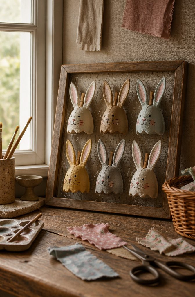 Egg carton bunnies displayed in a rustic frame with a fabric background.