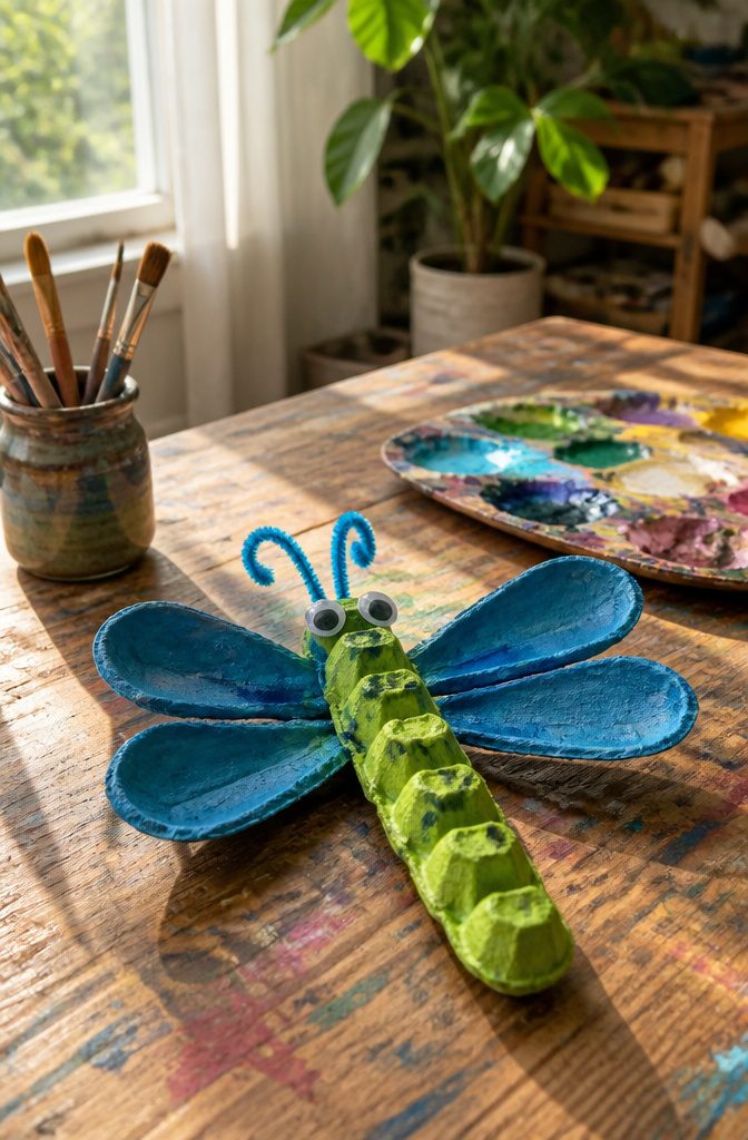 A painted egg carton dragonfly with pipe cleaner antennas on a rustic table.