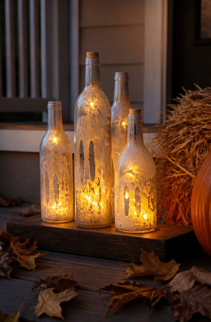 Halloween lights made from painted glass bottles illuminated by fairy lights.