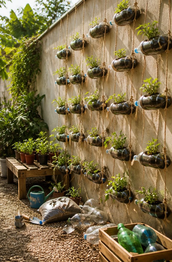 Plastic bottles used as hanging planters filled with soil and plants.