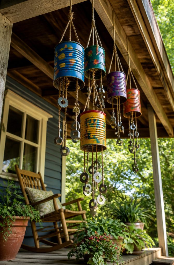 Tin cans painted as wind chimes, with washers and nuts hanging inside.