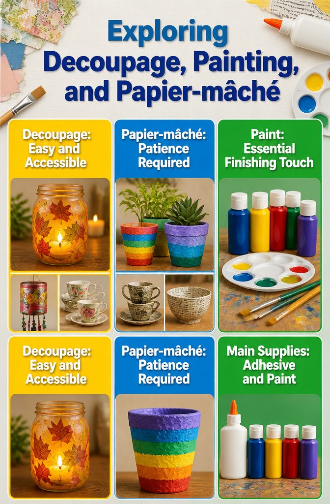 Supplies for decoupage, painting, and papier-mâché displayed on a workbench.
