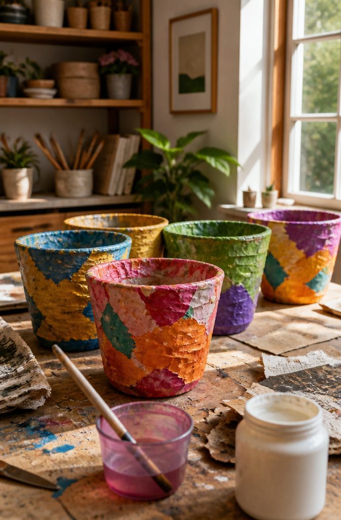 Colorful papier-mâché plant pots displayed on a workbench with craft supplies.