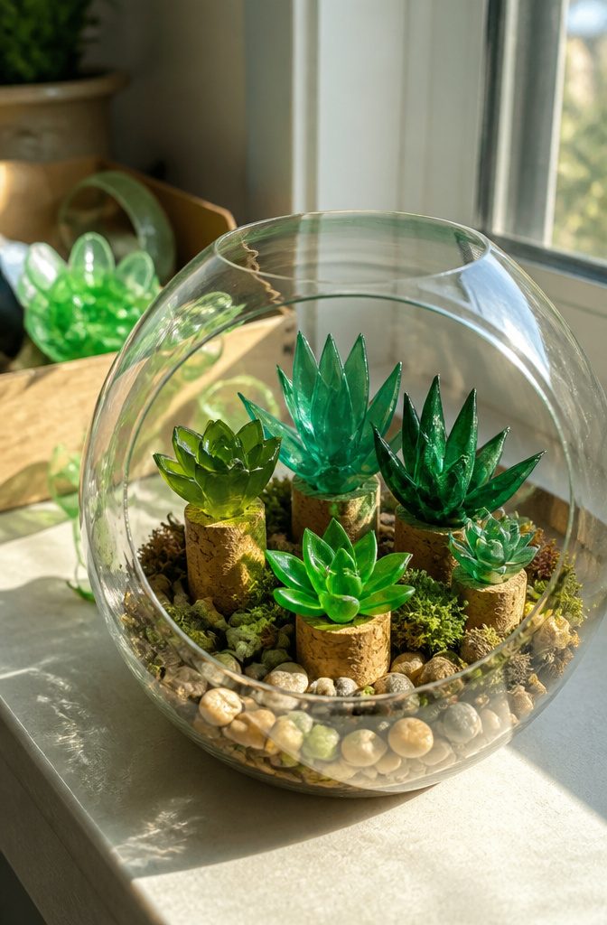 Succulents made from plastic bottles and corks arranged in a terrarium.