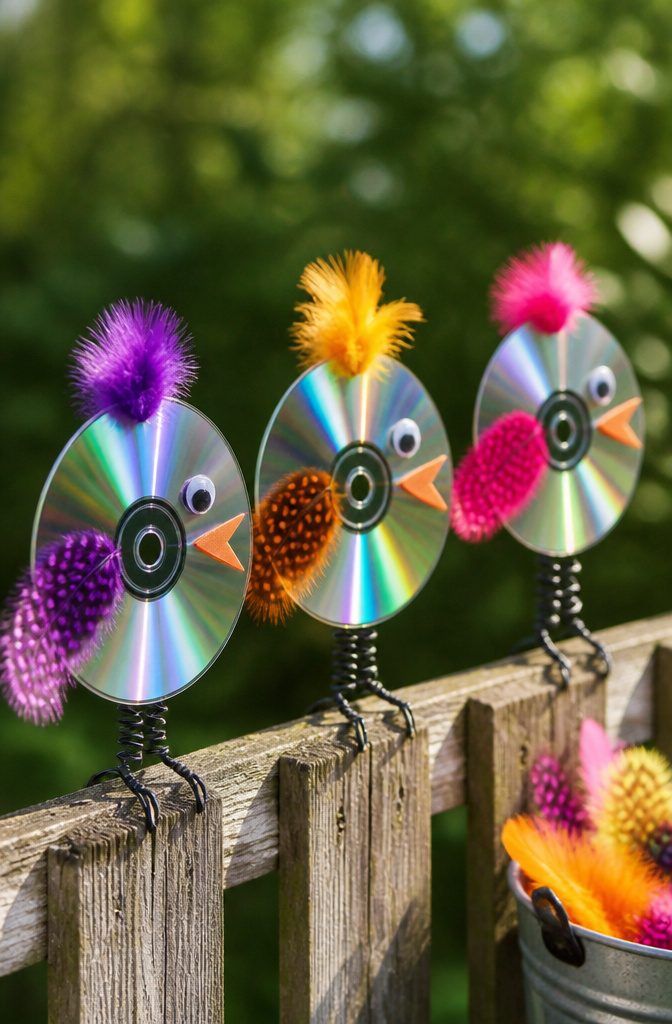Old CDs turned into birds with feathers and googly eyes attached.
