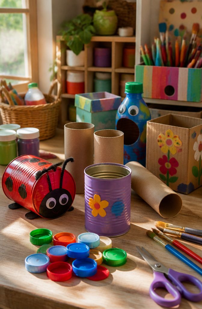 A workbench full of recycled materials and craft supplies for kids.