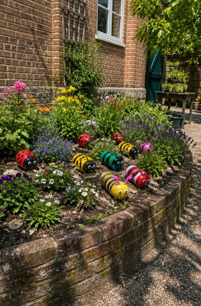 Painted tin cans shaped into garden creatures like ladybugs, displayed in flowers.
