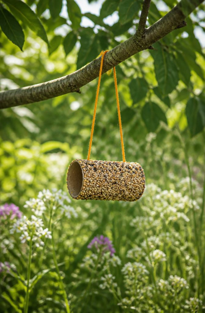 An empty toilet paper roll covered in peanut butter and birdseed on a branch.